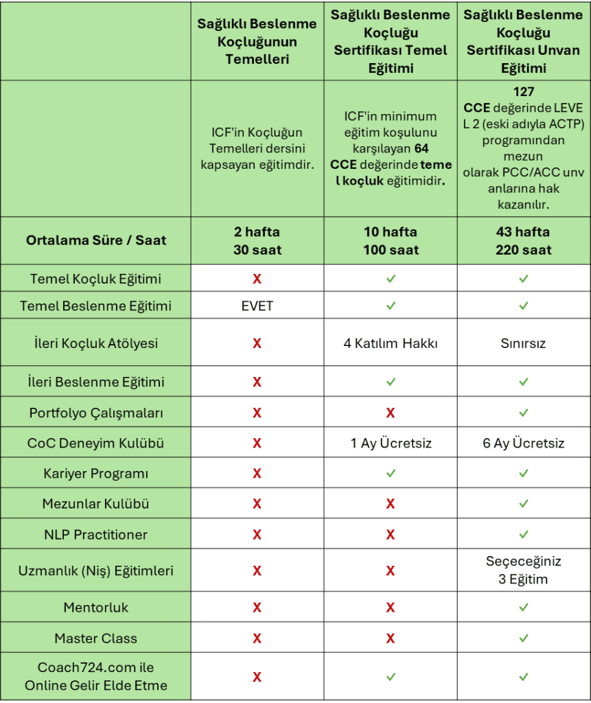 Sağlıklı Beslenme Koçluğu Kategorileri Tablosu görseli